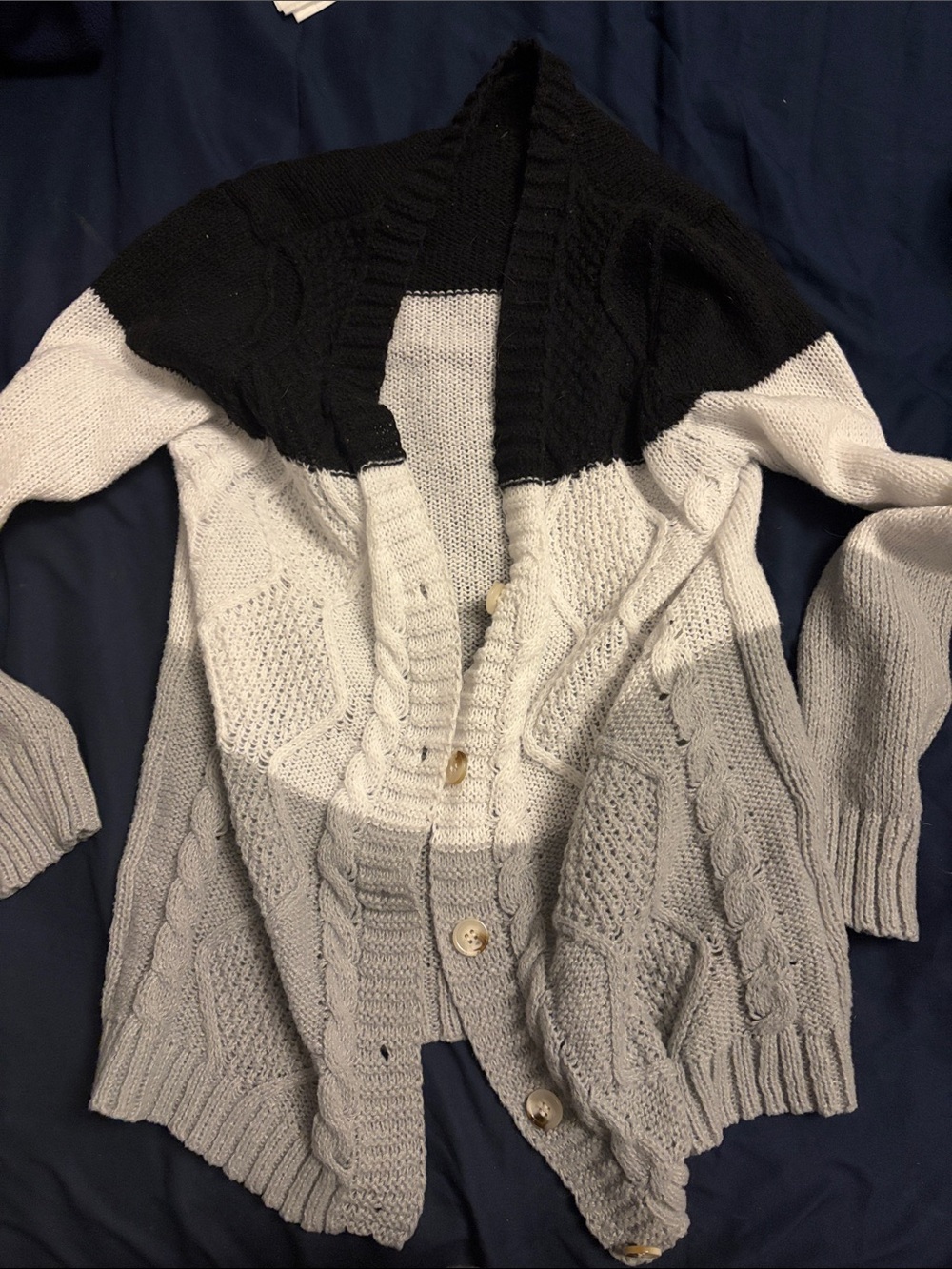 SHEIN Black, White & Gray Cable Knit Colorblock Cardigan